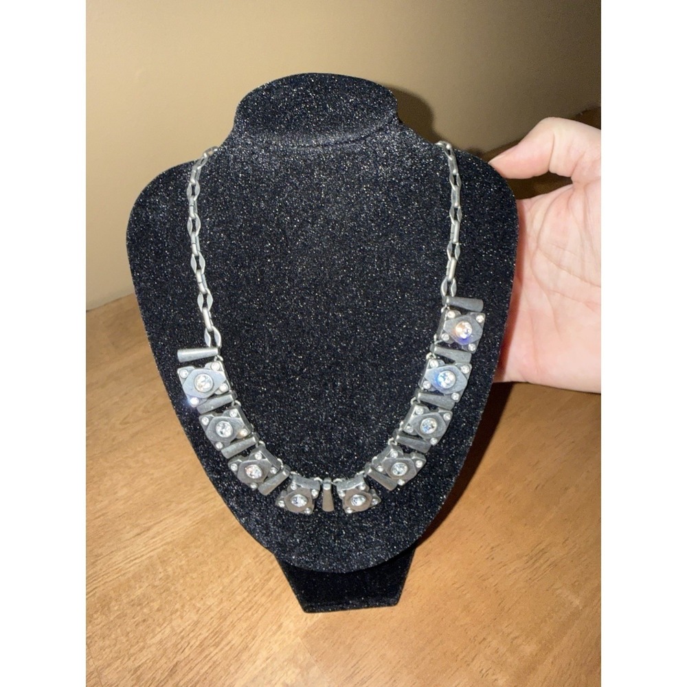 Lia Sophia Antiqued Silver Tone Crystal Geometric Statement Bib Necklace
